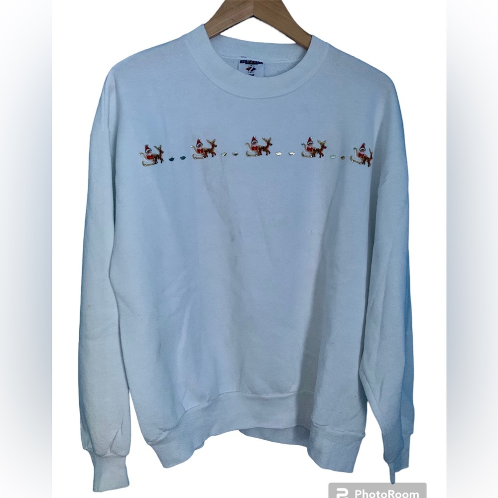 VTG Jerzees White Christmas Sweatshirt Santa Size L